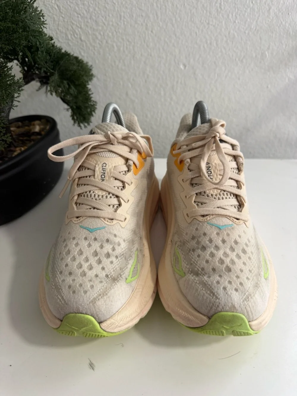 Hoka Clifton 9 Women's Beige Cream Athletic Running Shoes with Yellow - Picture 2 of 6